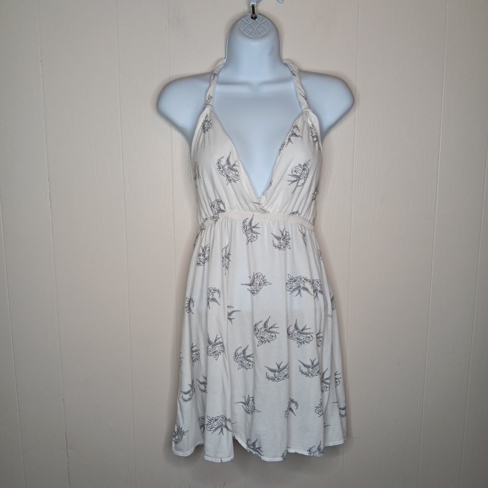 Y2K Xhilaration Babydoll Mini Dress S White True Love Swallow Bird Boho Fairy